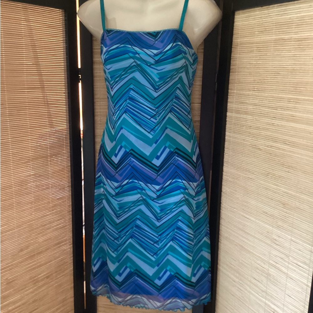 💗 Vintage slip dress California Concepts 90s Y2K EUC blue zigzag turquoise